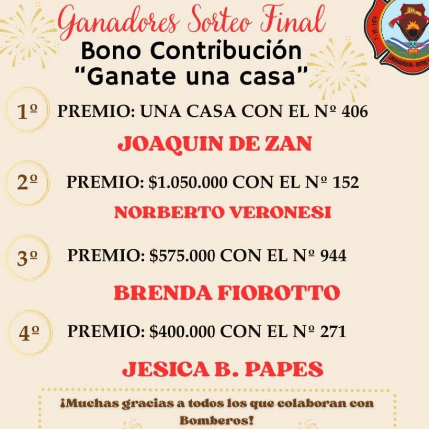 Bono contribución “Ganate una casa” - Bomberos Urdinarrain entregó los premios y la Vivienda a su favorecido