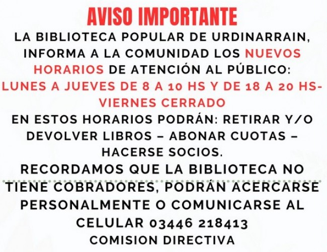 Biblioteca Popular Urdinarrain Nuevos horarios