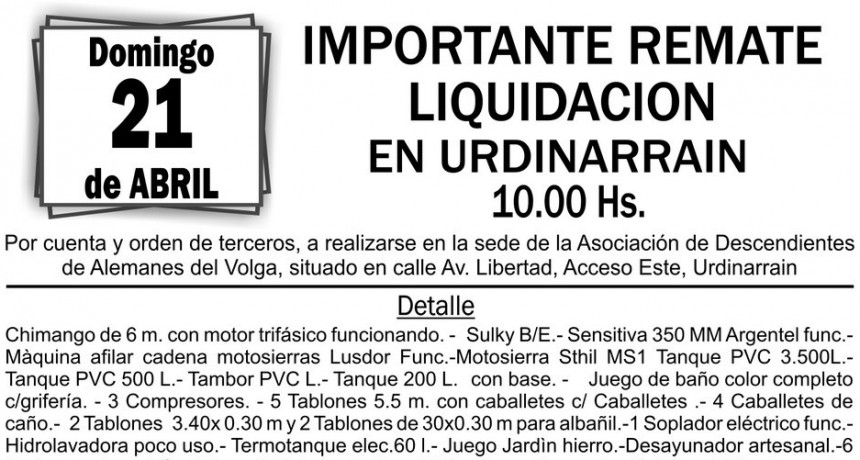 Remate Liquidación reprogramado para Domingo 21