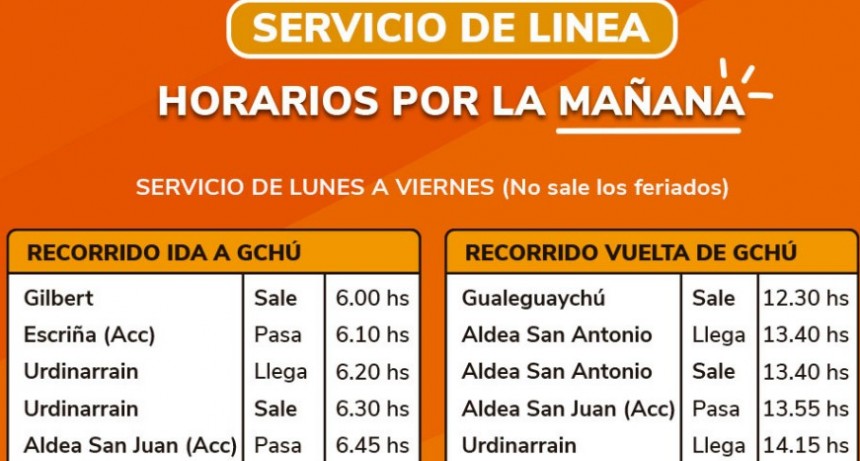 Este Lunes, con mas horarios, retoma el colectivo de linea Gilbert-Gchu