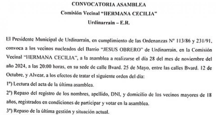 Convocatoria Asamblea Comisión Vecinal HERMANA CECILIA