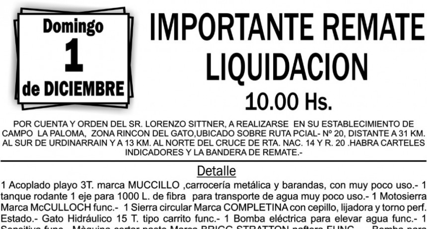 Domingo 1 de Diciembre Remate Liquidación en R. del Gato