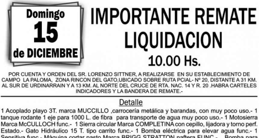 Domingo 15 de Diciembre Remata Alberto Juan Ledri