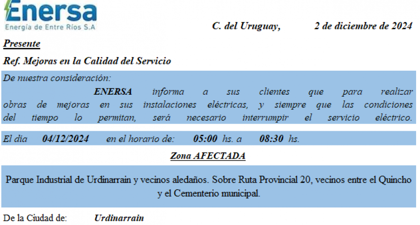 Este Miercoles CORTE DE ENERGIA EN ACCESO A URDINARRAIN