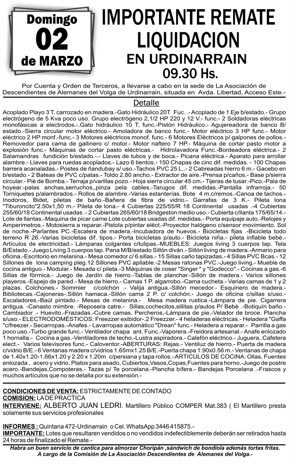 Domingo 2 de Marzo Remate Liquidación en URDINARRAIN