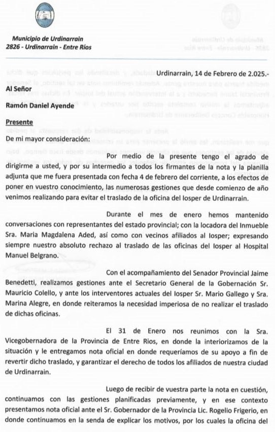 El Presidente Municipal acompaña el petitorio elevado a las Autoridades del IOSPER