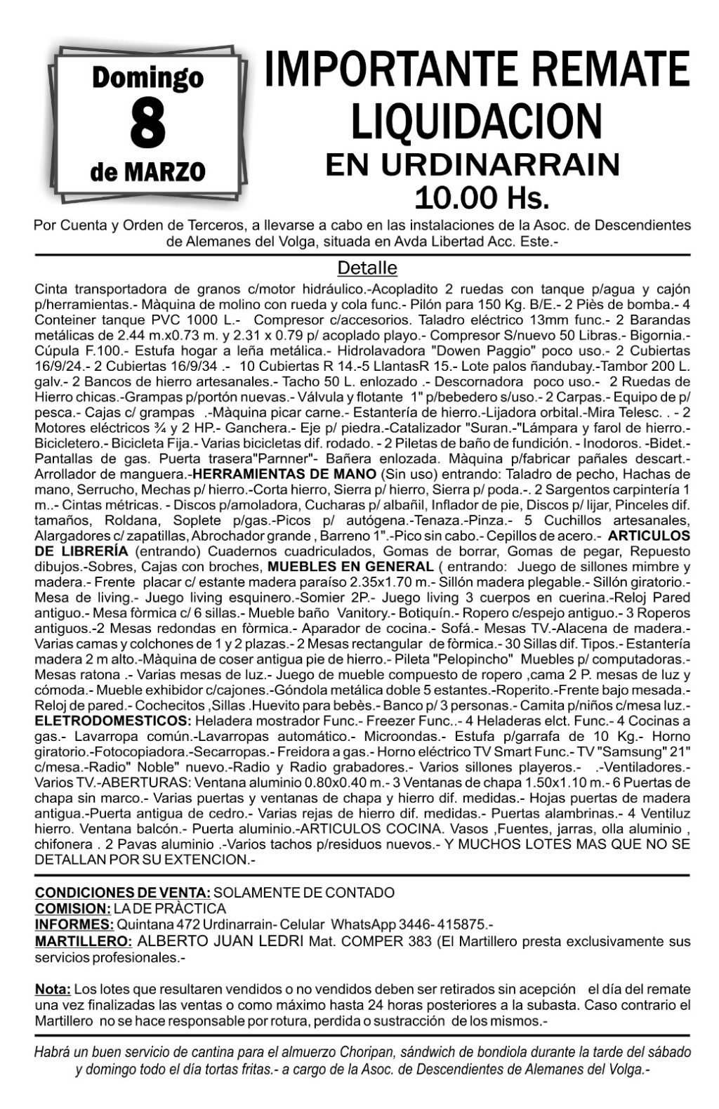 Remate Liquidación en Urdinarrain - Domingo 8 de Marzo