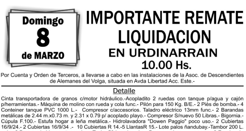 Remate Liquidación en Urdinarrain - Domingo 8 de Marzo