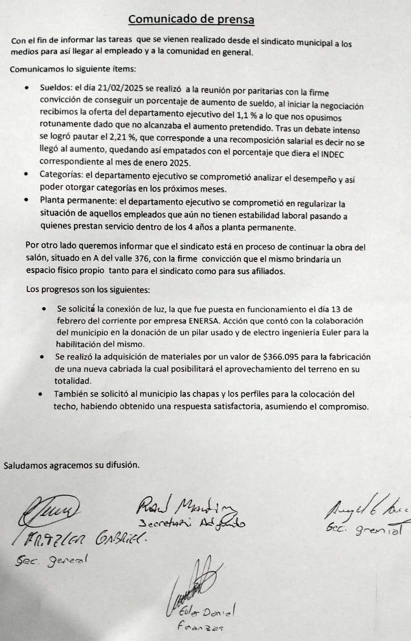 Comunicado de Prensa del Sindicato de Empleados Municipales Urdinarrain