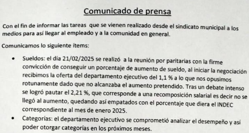 Comunicado de Prensa del Sindicato de Empleados Municipales Urdinarrain