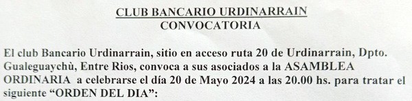 20 de mayo Asamblea del Club Bancario Urdinarrain