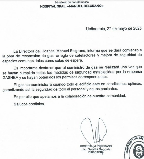 La Dirección del Hospital Belgrano dará comienza a la Reconexión de Gas Natural