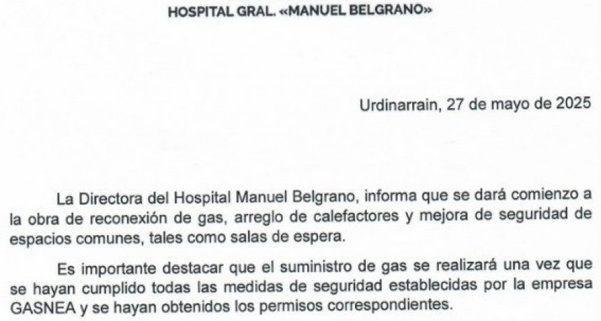 La Dirección del Hospital Belgrano dará comienza a la Reconexión de Gas Natural