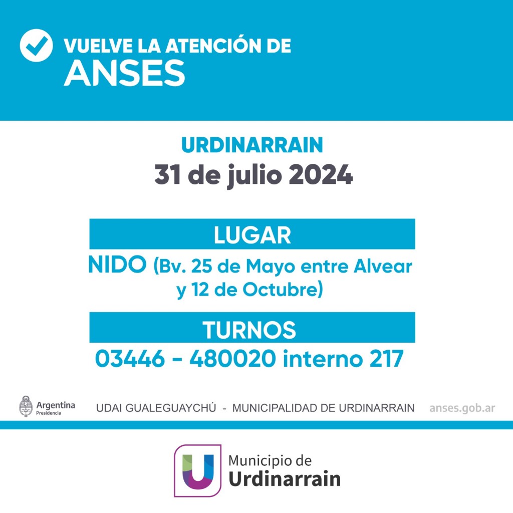 Este Miércoles 31 de julio ANSES atiende en Urdinarrain