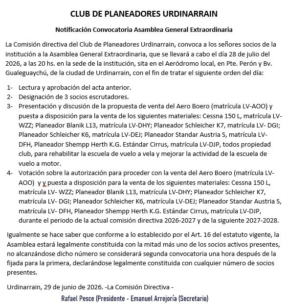 ASAMBLEA GENERAL EXTRAORDINARIA DEL CLUB PLANEADORES URDINARRAIN