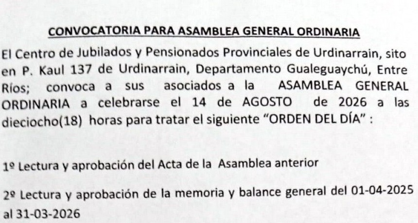 Convocatoria Asamblea General Ordinaria del Centro de Jubilados y Pensionados Provinciales