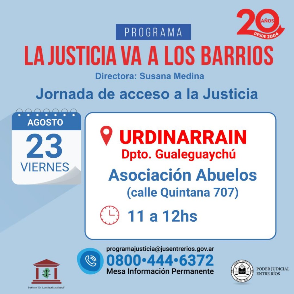 * La Justicia va a los Barrios *  Este viernes 23 en el Hogar de Abuelos