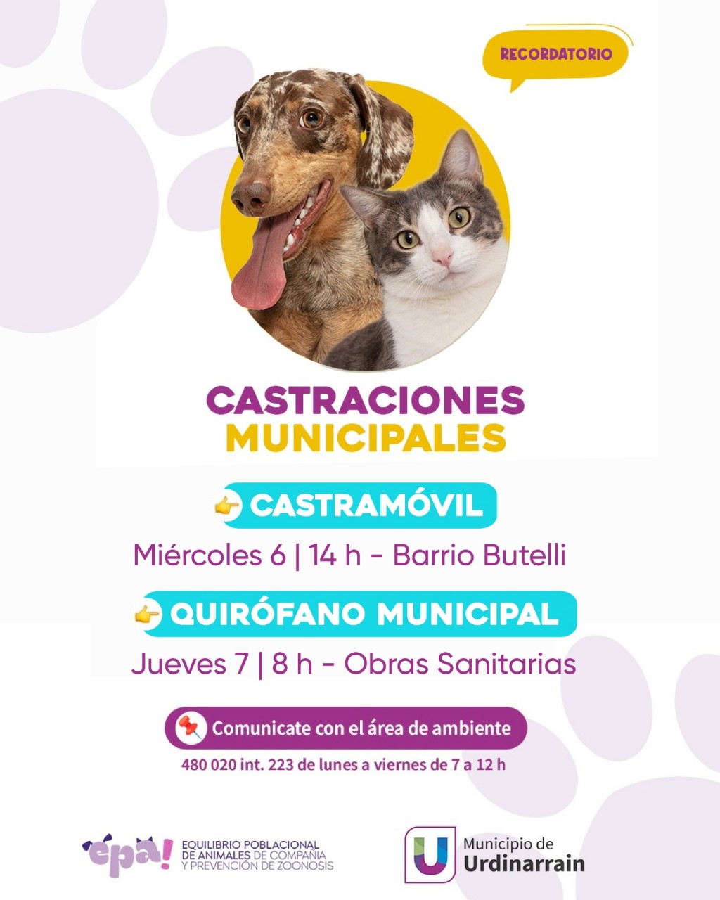 Este miércoles 6 de agosto, EPA estará con el castramóvil en el Barrio Butelli