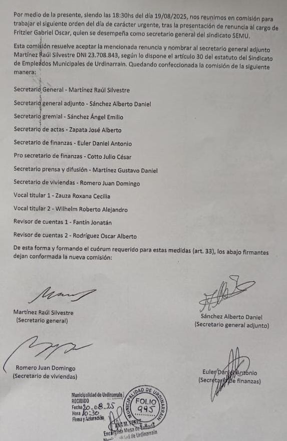 Nuevo Secretario Gremial de SEMU, por renuncia del titular Gabriel Fritzler en el Sindicato de Empleados Municipales 