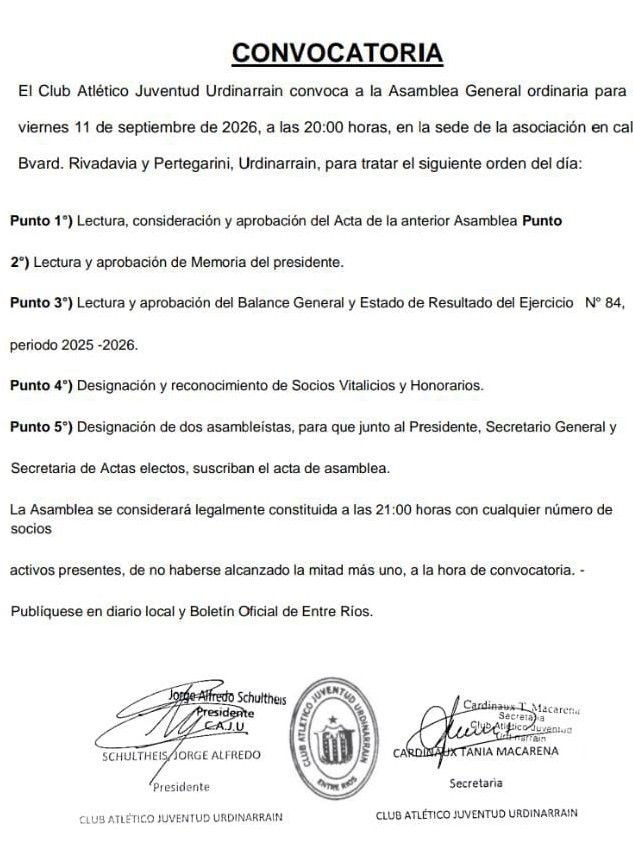 Club Juventud Urdinarrain convoca a Asamblea General Ordinaria