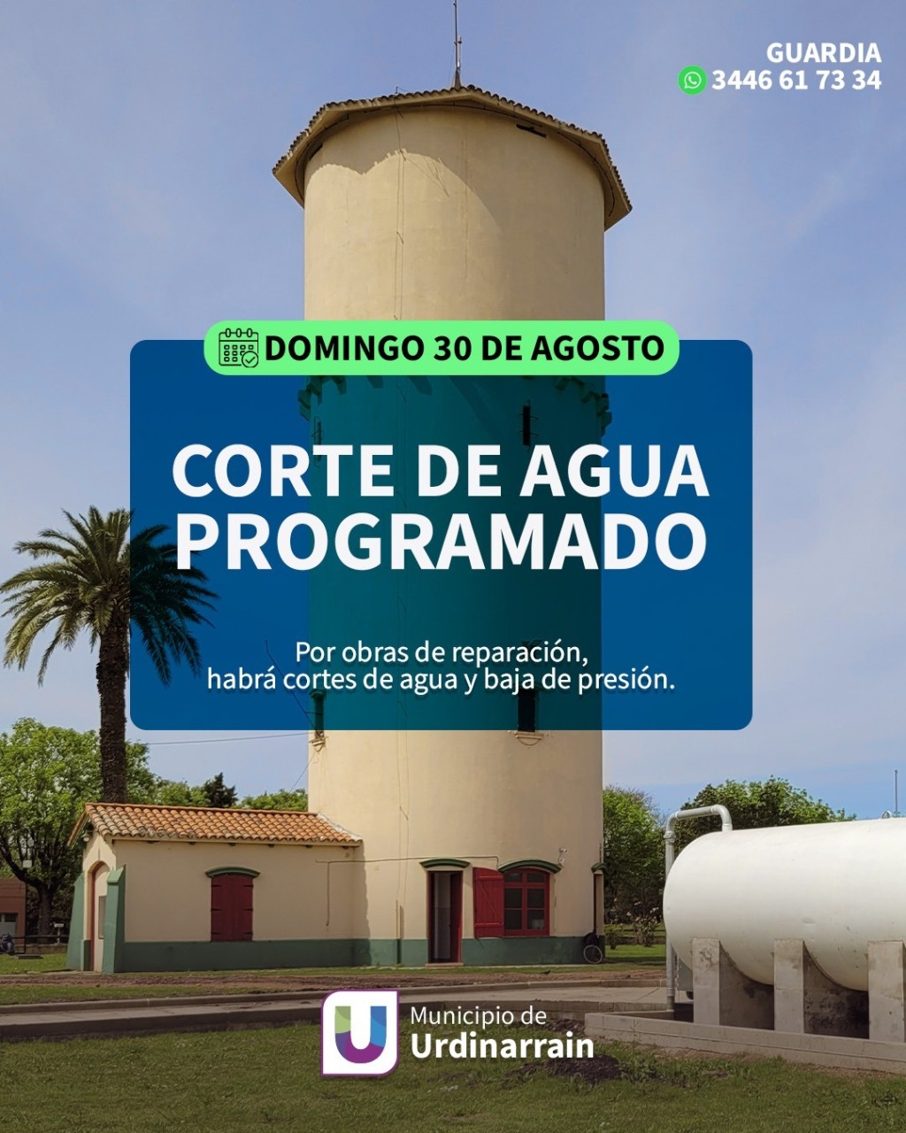 DOMINGO 30 DE AGOSTO: SERVICIO DE AGUA RESTRINGIDO EN URDINARRAIN