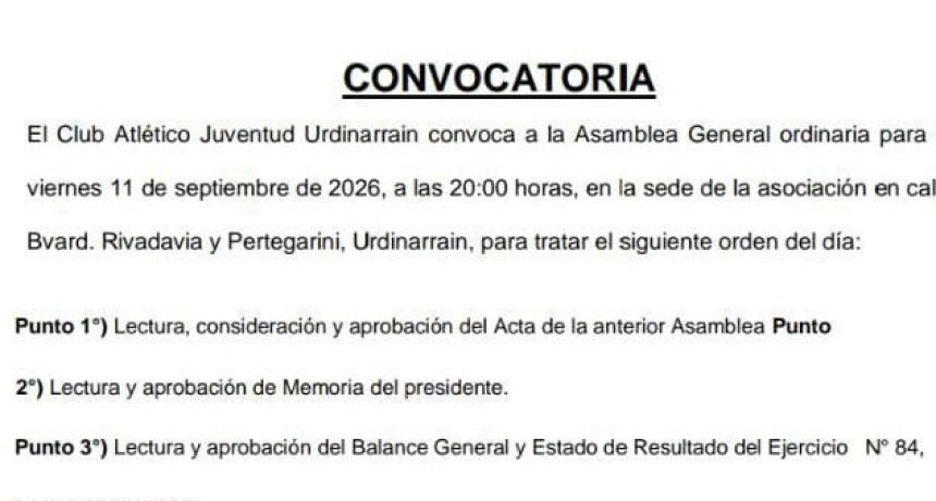 Club Juventud Urdinarrain convoca a Asamblea General Ordinaria