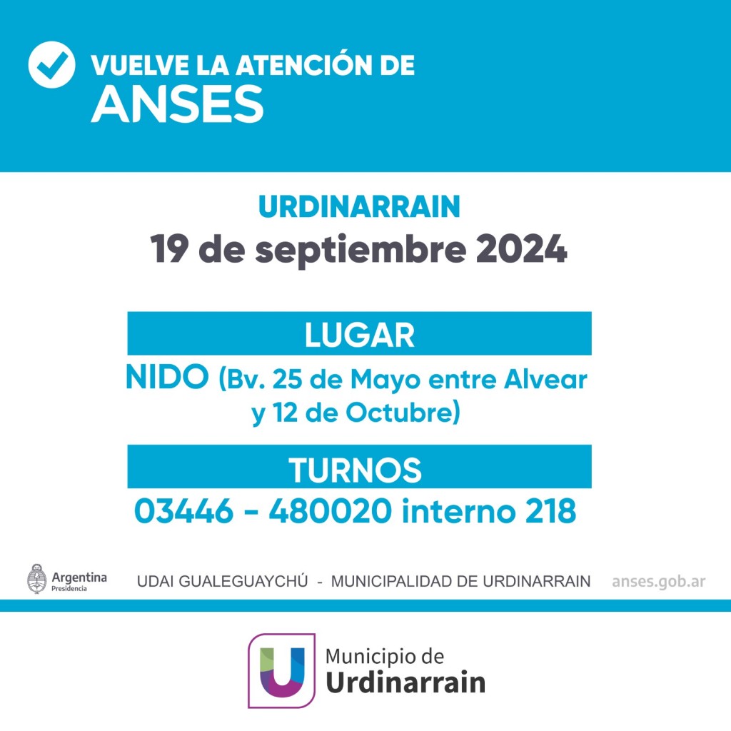 Anses atenderá el Jueves 19 de septiembre en Urdinarrain