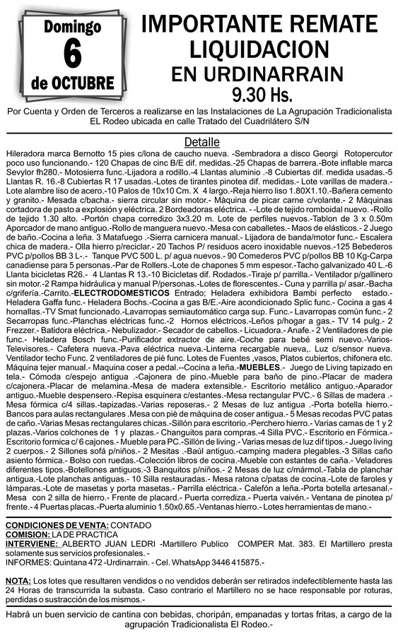 Domingo 6 de Octubre. REMATE LIQUIDACIÓN