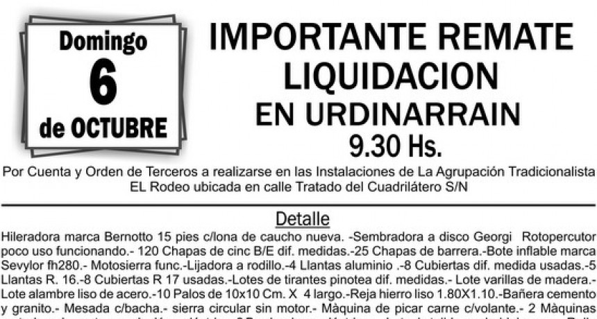 Domingo 6 de Octubre. REMATE LIQUIDACIÓN