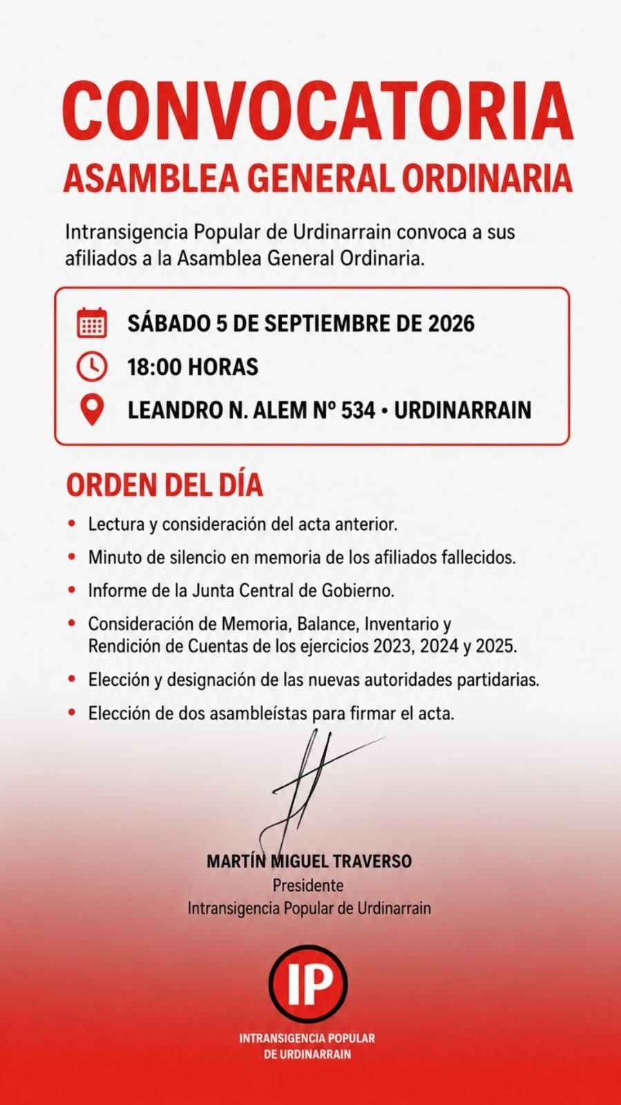 Convocatoria a Asamblea General Ordinaria de Intransigencia Popular Urdinarrain