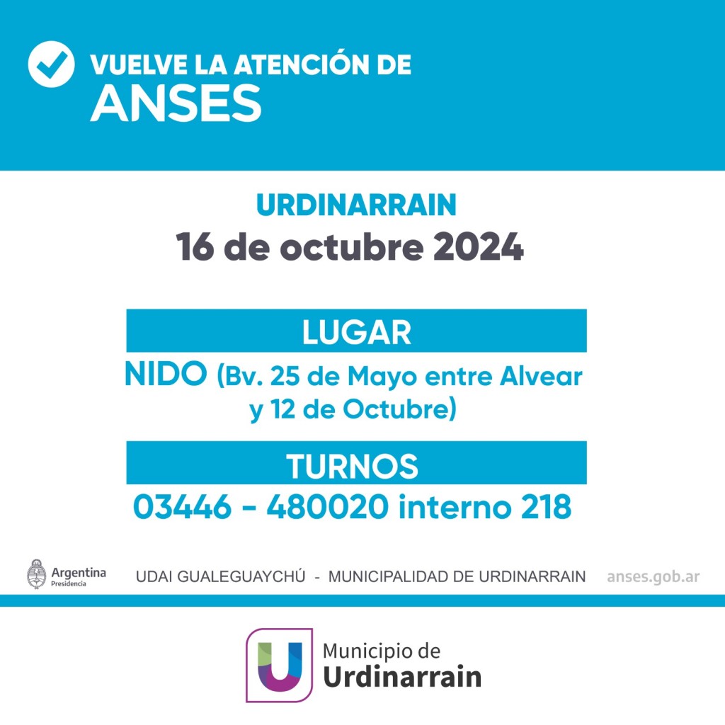 ANSES | Miércoles 16 de octubre atenderá en Urdinarrain