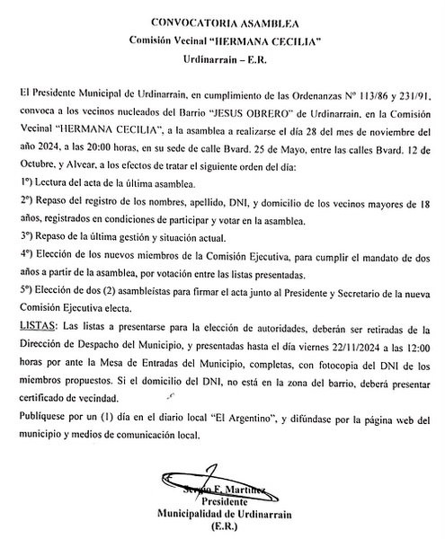 Convocatoria Asamblea Comisión Vecinal HERMANA CECILIA