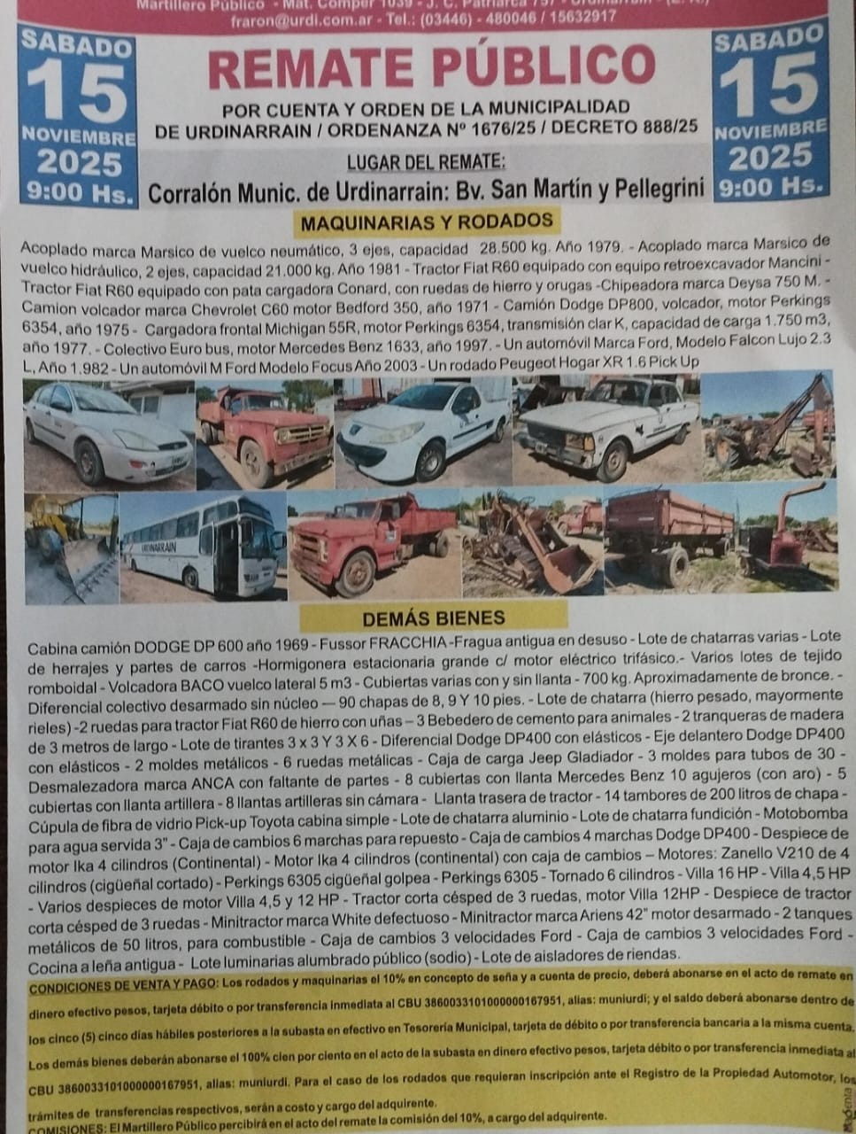 Este Sábado se realiza el Remate de bienes municipales en desuso