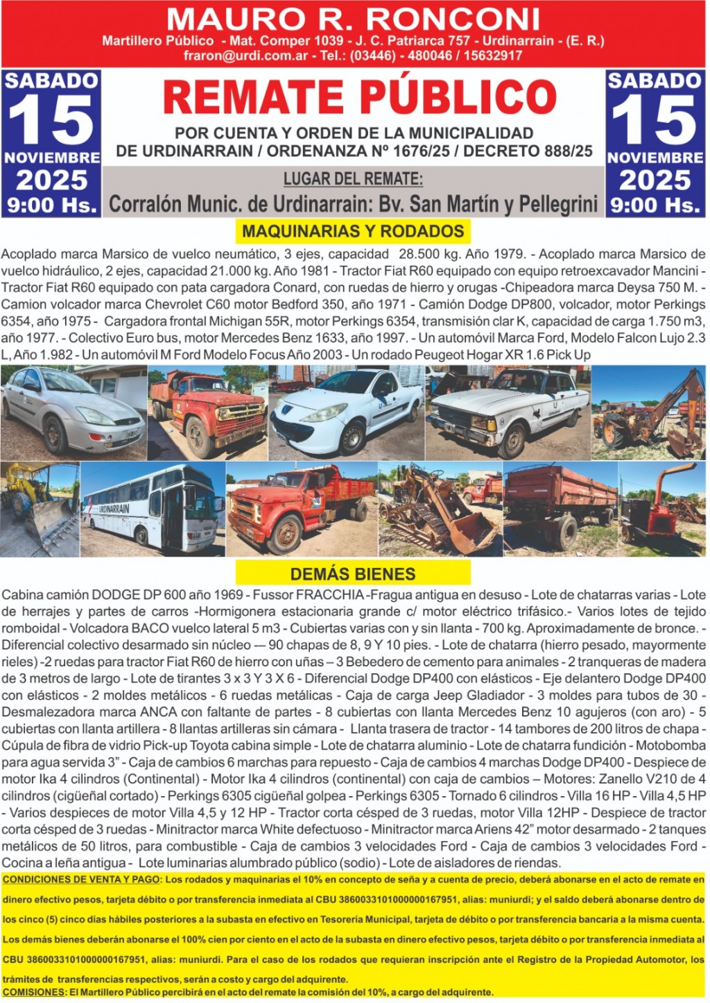 Este Sábado se realiza el Remate de bienes municipales en desuso