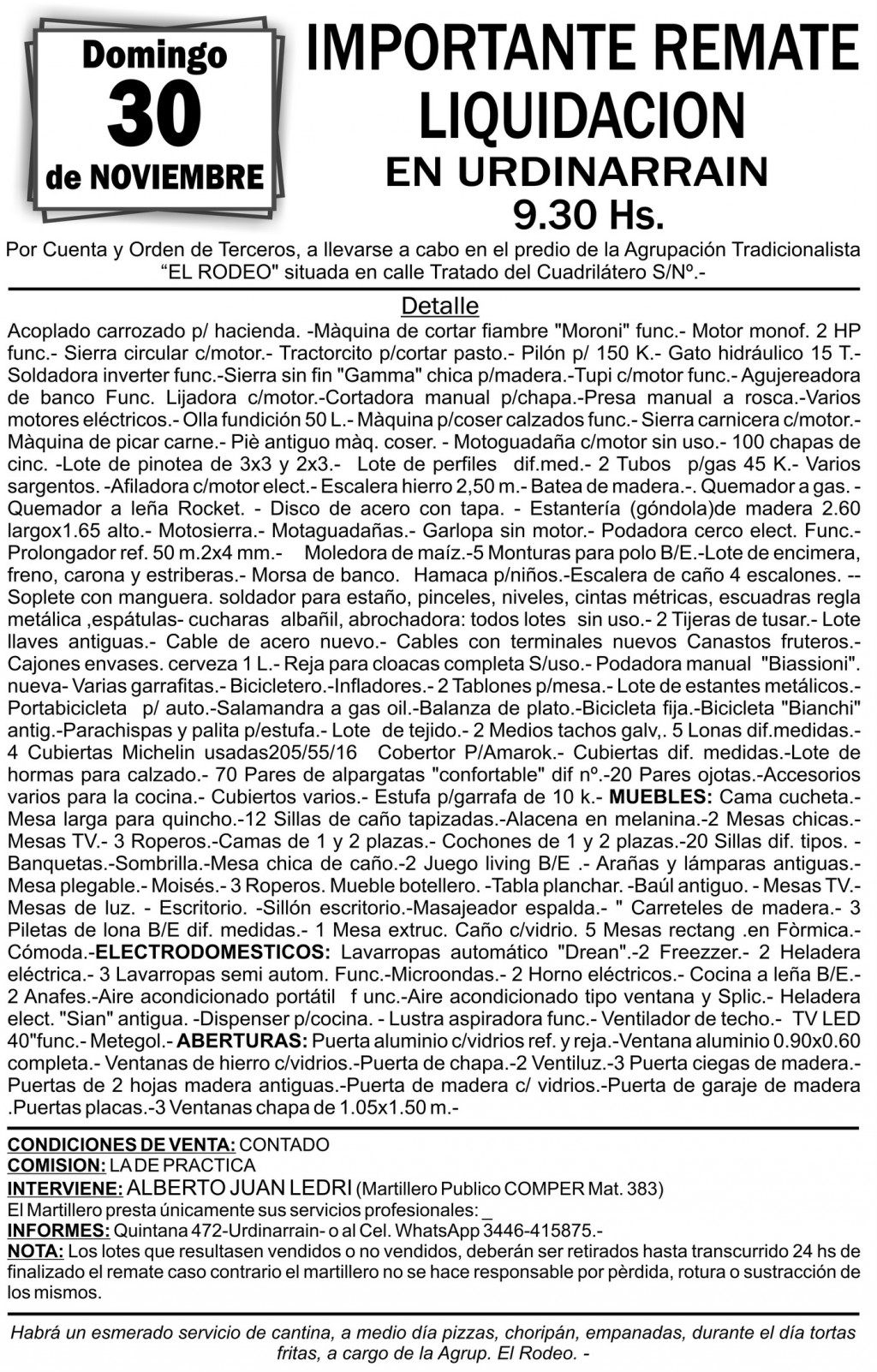 Domingo 30 de Noviembre - Importante REMATE LIQUIDACION  en Urdinarrain