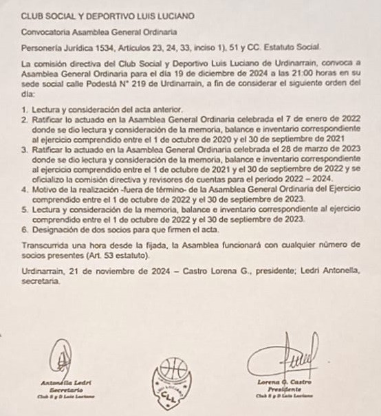 CLUB SOCIAL Y DEPORTIVO LUIS LUCIANO Convocatoria Asamblea 