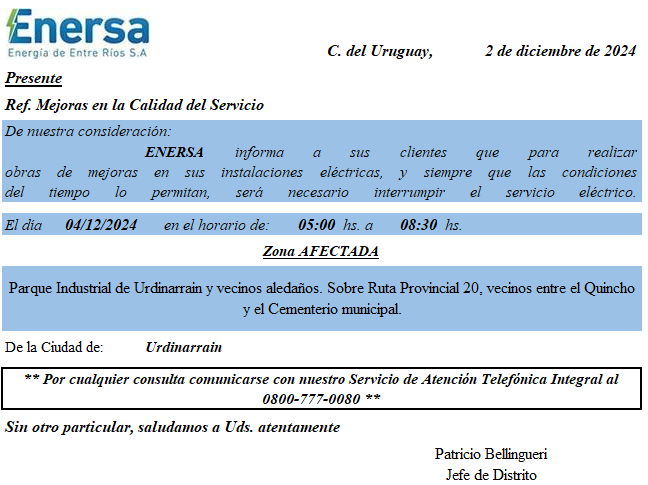 Este Miercoles CORTE DE ENERGIA EN ACCESO A URDINARRAIN