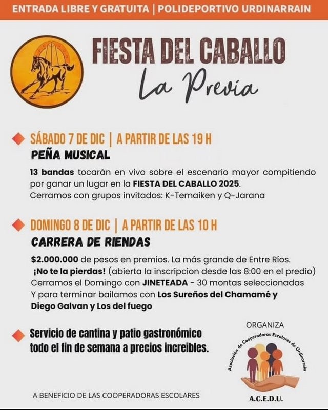 ESTE SÁBADO 7 Y DOMINGO 8 LA PREVIA DE LA FIESTA DEL CABALLO EN URDINARRAIN