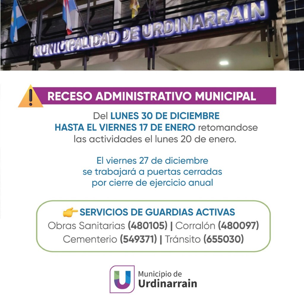 Receso Administrativo Municipal desde el 30/12 hasta el 17/enero