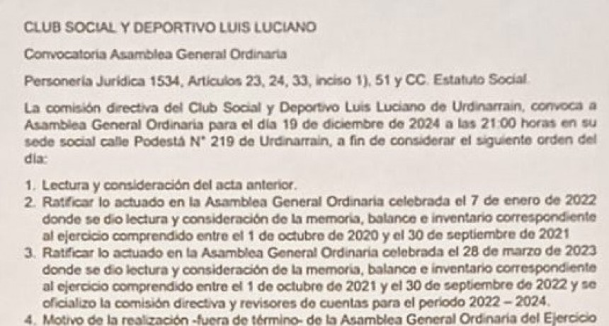 CLUB SOCIAL Y DEPORTIVO LUIS LUCIANO Convocatoria Asamblea 